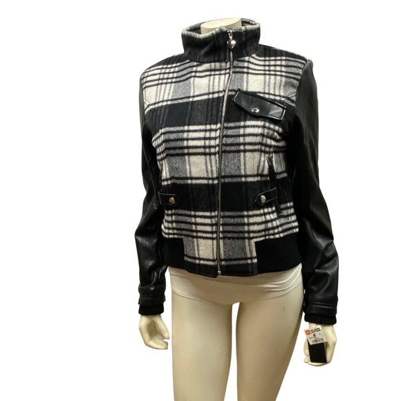 Guess Plaid & Faux Leather Womens Bomber Jacket With‎ Zipper & Pockets - Size M - Picture 6 of 10
